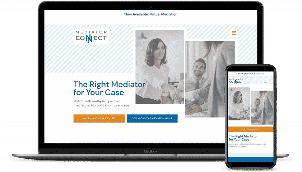 Screenshot of Mediator Connect's homepage displayed on desktop and mobile screens