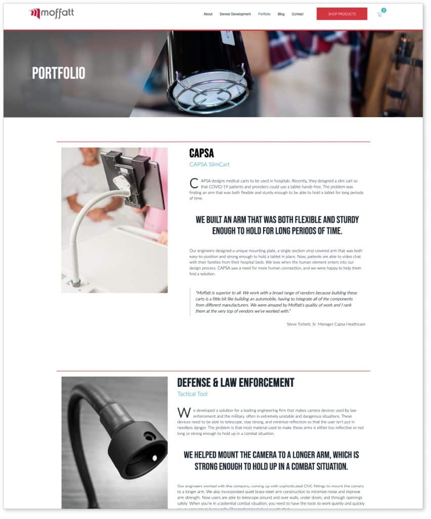 Image of Moffatt Products Portfolio page featuring select customers who worked on custom solutions for flex arm products.
