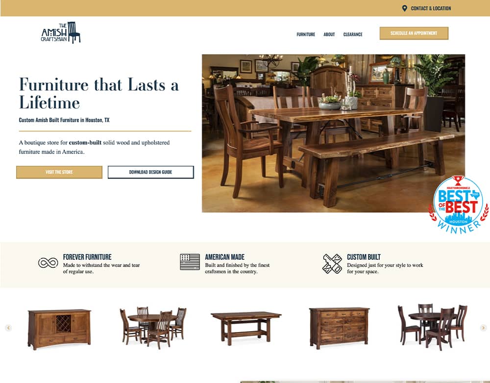 After screenshot of The Amish Craftsman Furniture's website.