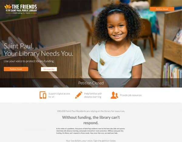 Screenshot of a landing page Banker Creative designed and built for The Friends of The Saint Paul Library.