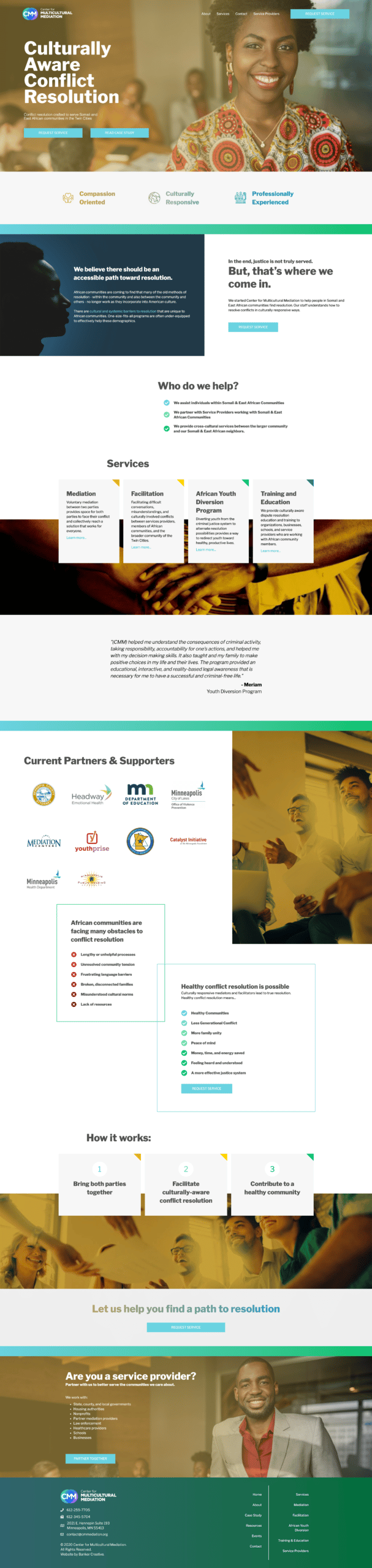 Full page screenshot of the Center for Multicultural Mediation's homepage.