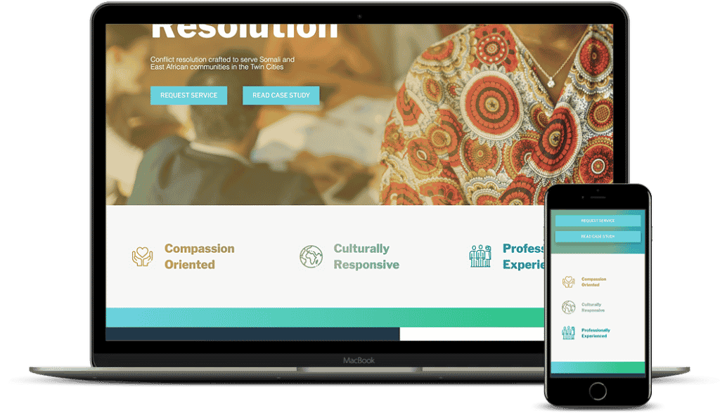 An example of a website using icons to communicate the organization's top values. Desktop and mobile versions.