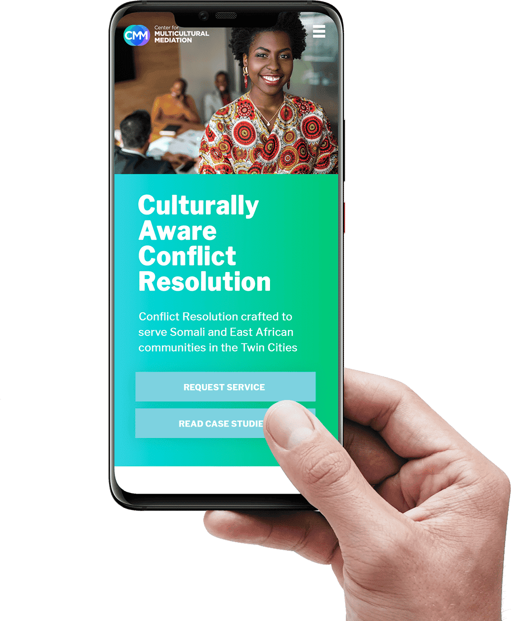 A phone mock up that show the mobile view of Center for Multicultural Mediation website.