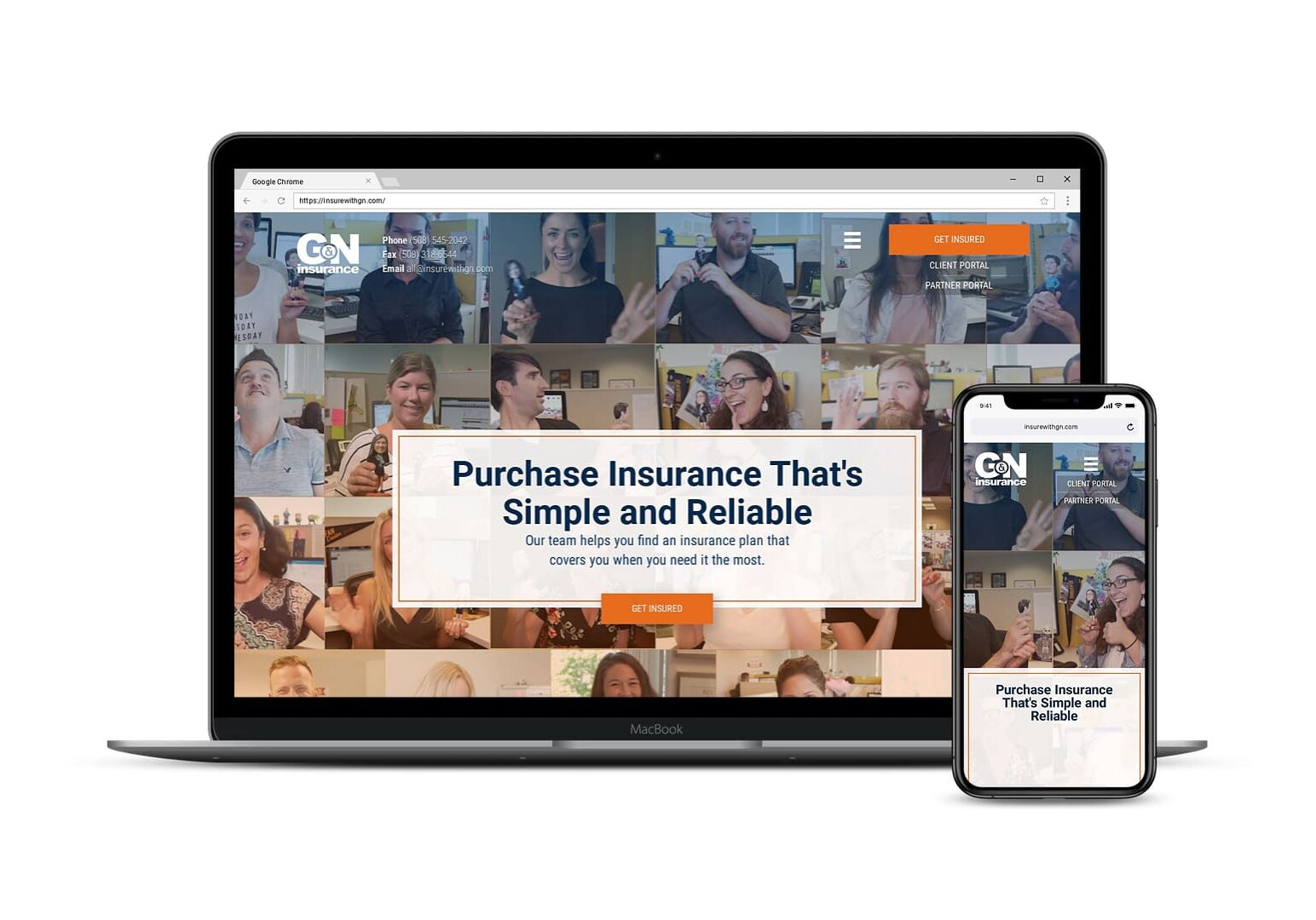 Screenshot of G&N Insurance's website homepage displayed on desktop and mobile screens. This StoryBrand website cost around $12k.